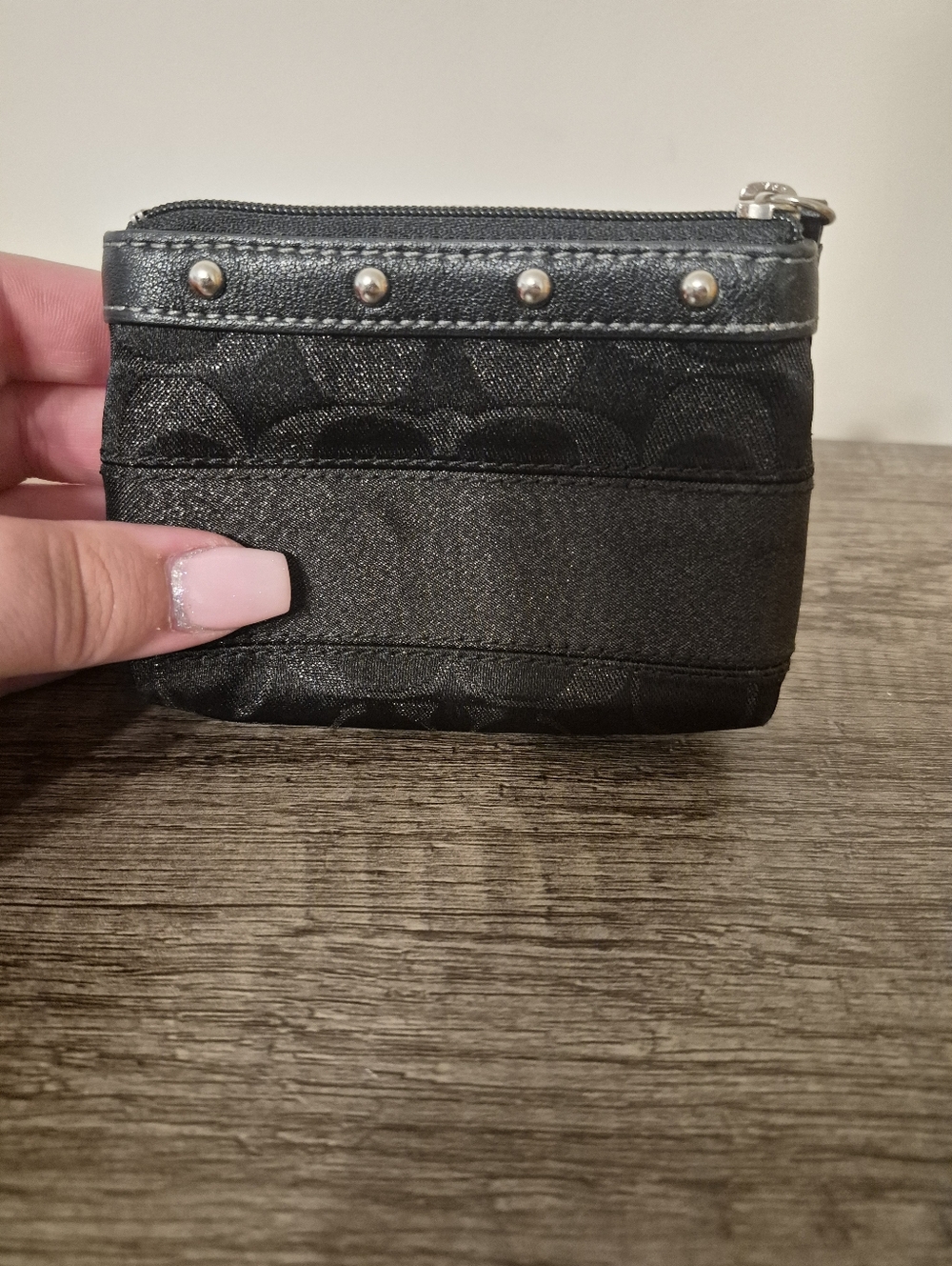Black COACH (42013) Studded Women's Coin Pouch With Silver Hardware